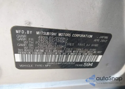 2012 Mitsubishi Outlander Se from USA, damaged, VIN JA4AS3AW1CU028352